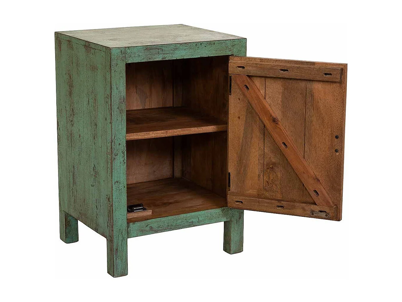 Mesita de noche de madera artesanal verde 45x35x60h cm