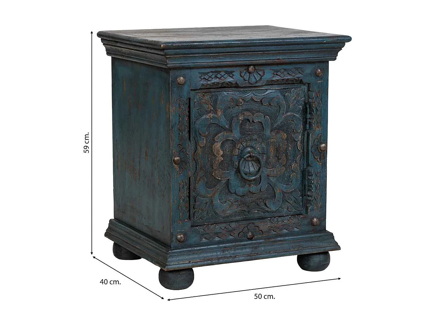 Table de chevet artisanale en bois bleu, 50 x 40 x 59 cm (h)