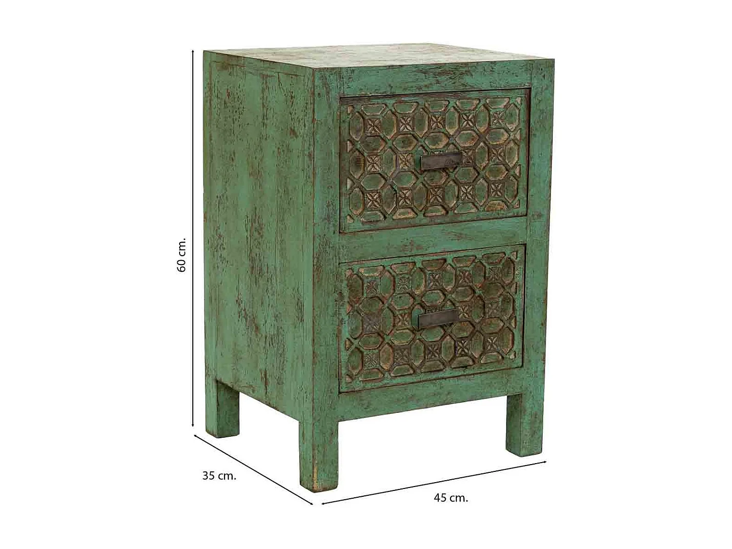 Mesita de noche de madera artesanal verde 45x35x60h cm