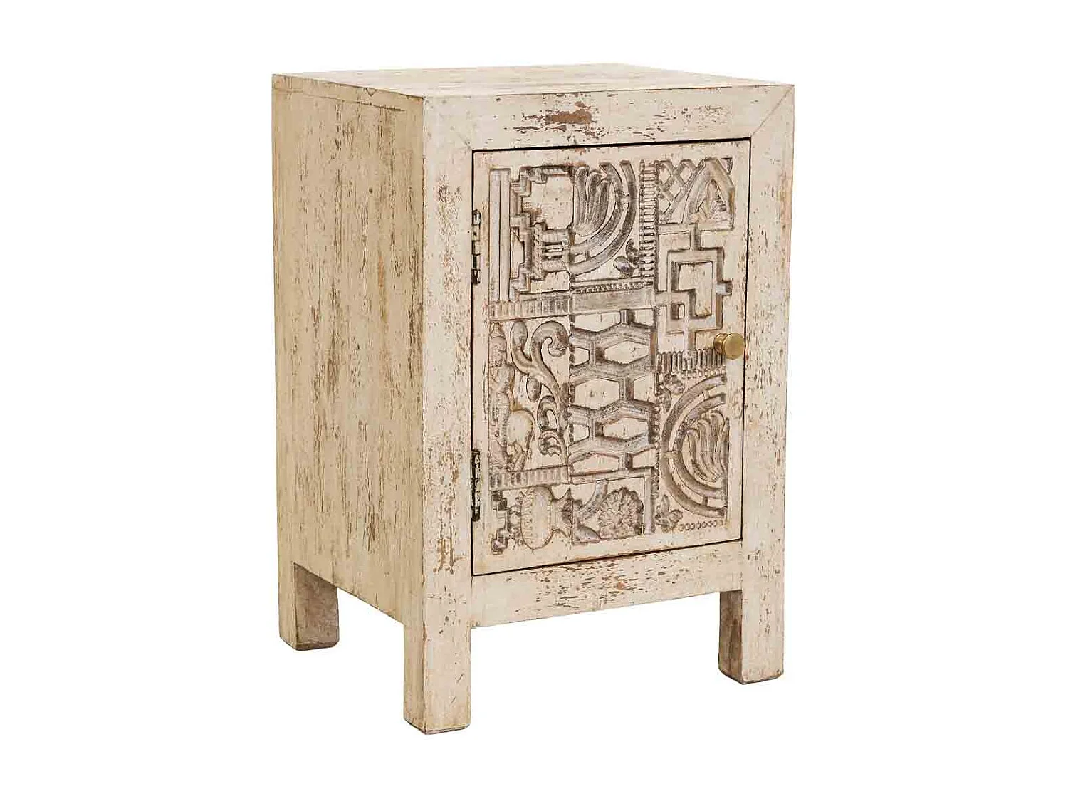 Table de chevet beige en bois sculpté à la main, 40 x 35 x 60 cm (h)