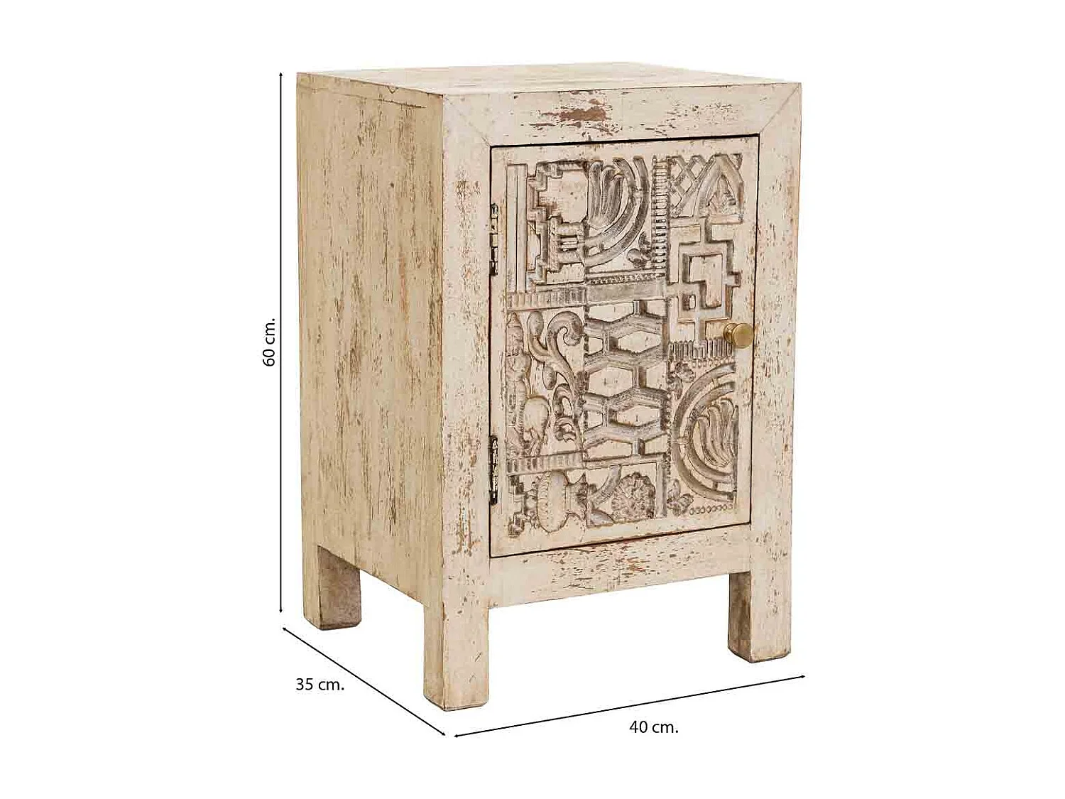 Table de chevet beige en bois sculpté à la main, 40 x 35 x 60 cm (h)