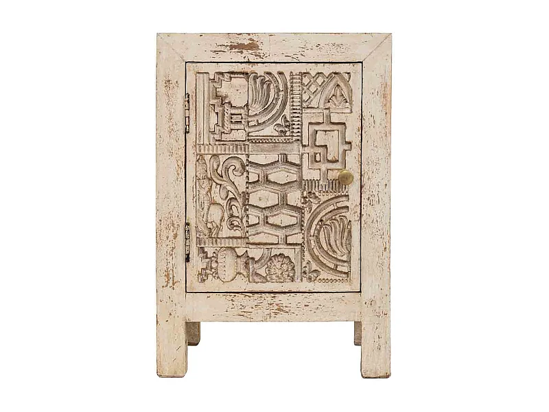 Table de chevet beige en bois sculpté à la main, 40 x 35 x 60 cm (h)