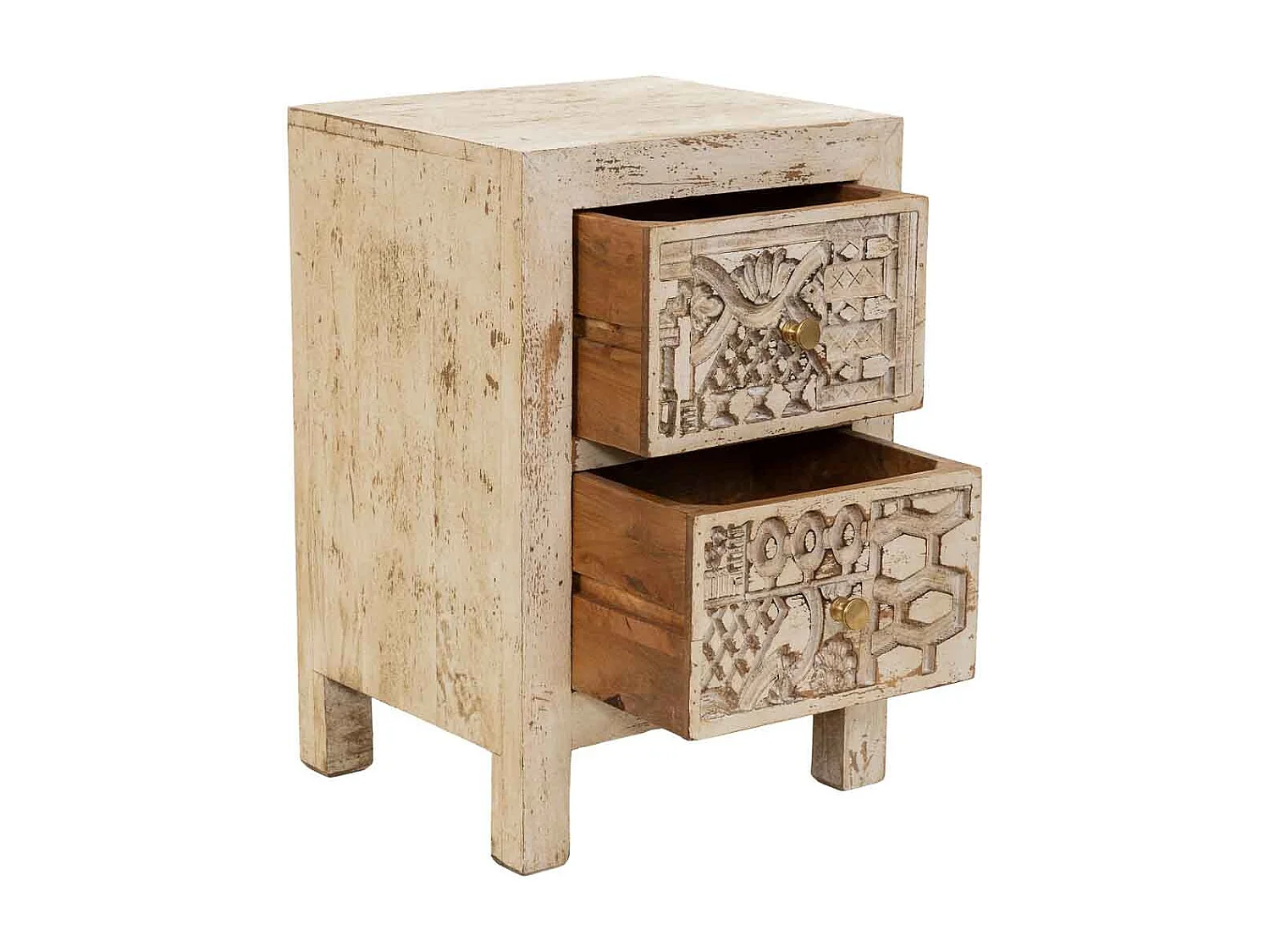 Table de chevet beige en bois sculpté à la main, 40 x 35 x 60 cm (h)