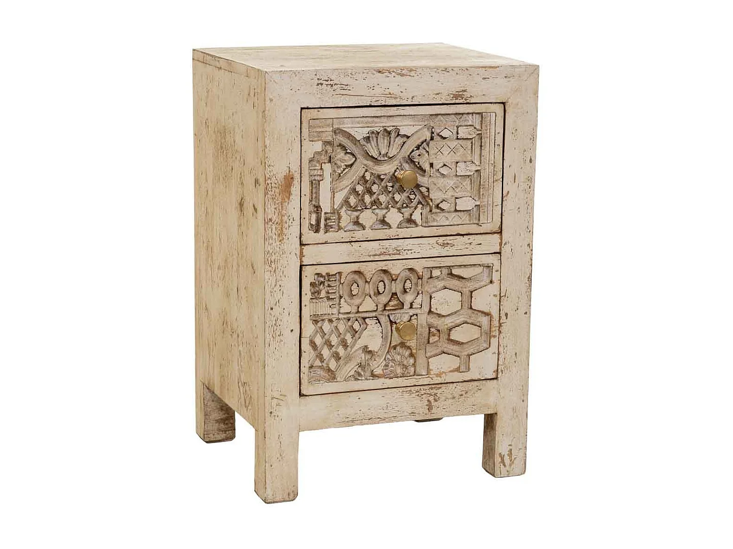 Mesa de cabeceira de madeira entalhada artesanal bege 40x35x60h cm