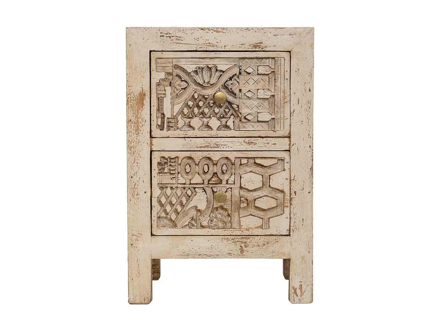 Mesa de cabeceira de madeira entalhada artesanal bege 40x35x60h cm