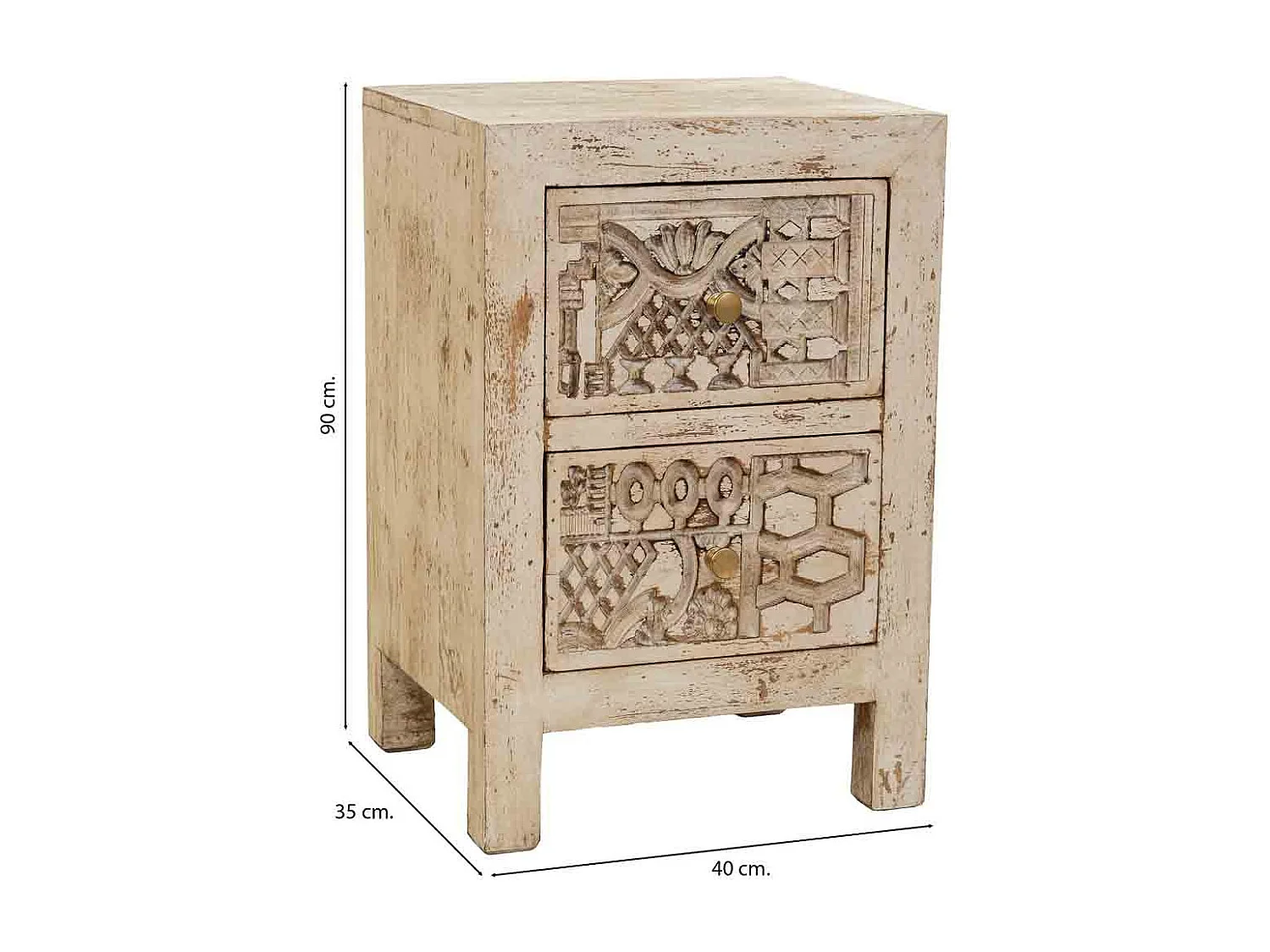 Mesa de cabeceira de madeira entalhada artesanal bege 40x35x60h cm