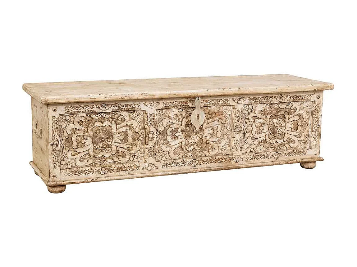 Coffre en bois artisanal beige 150x45x46h cm