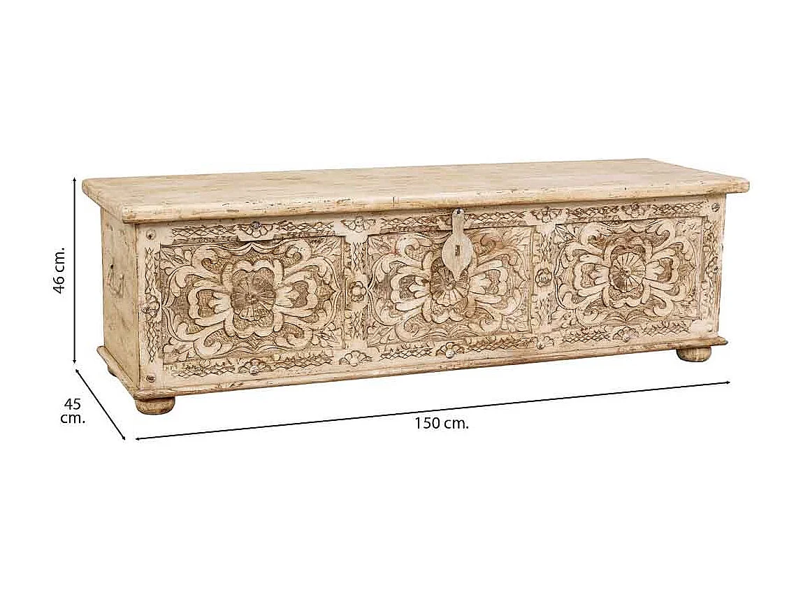 Coffre en bois artisanal beige 150x45x46h cm