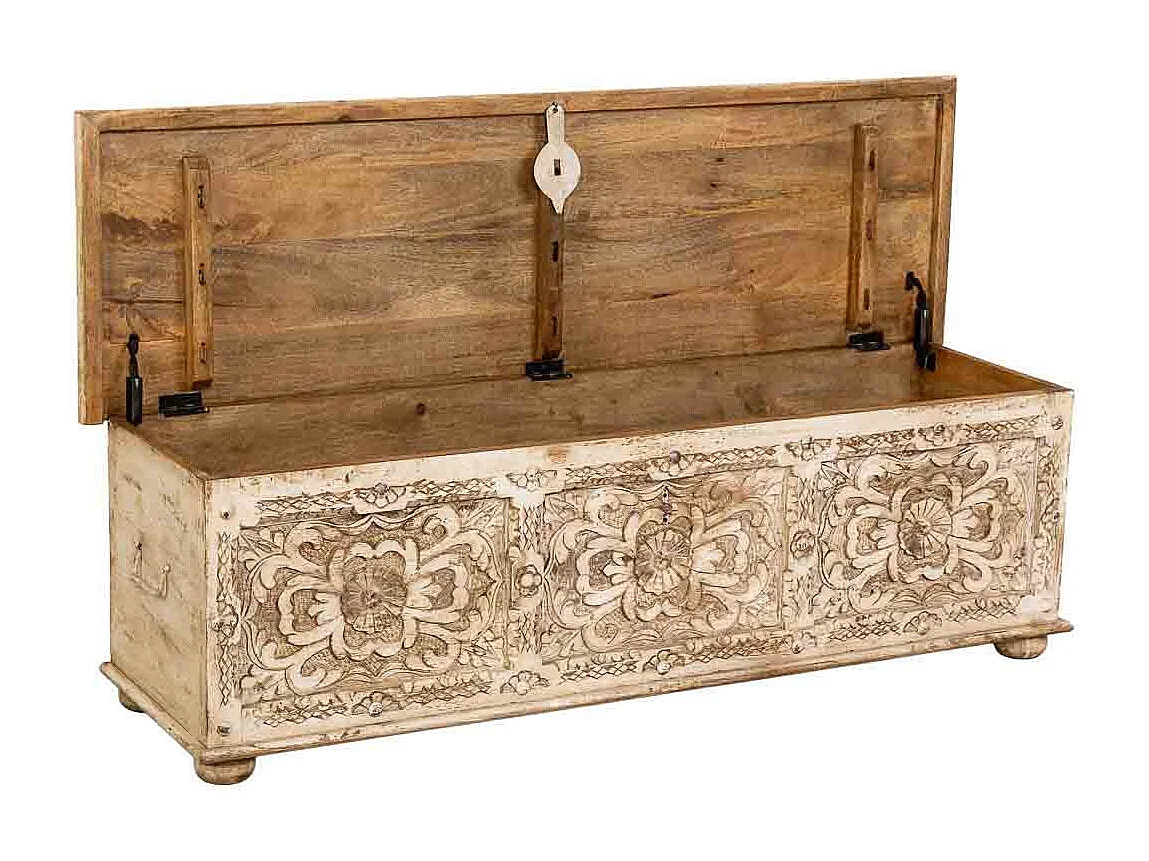 Coffre en bois artisanal beige 150x45x46h cm