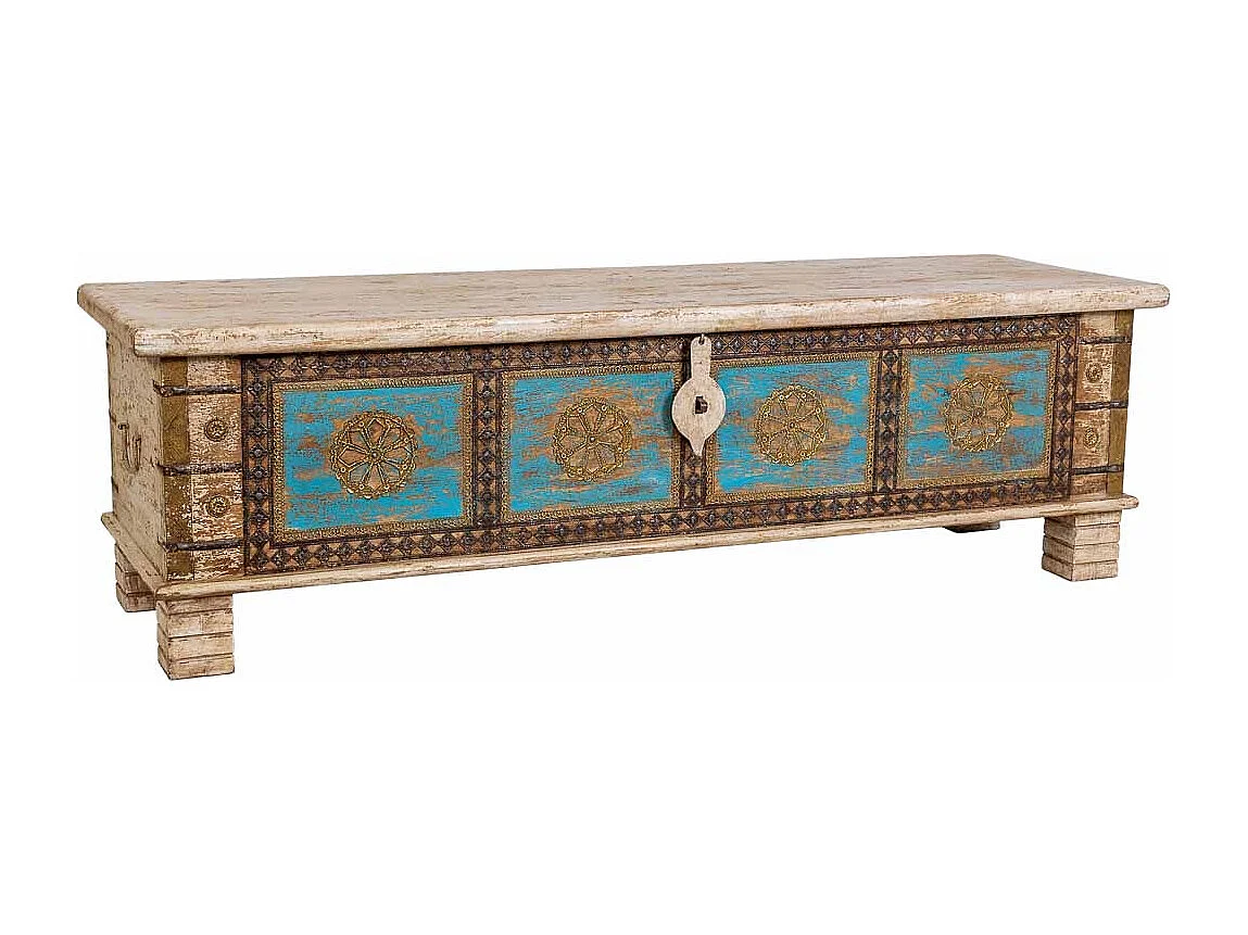 Coffre en bois fait main, blanc et bleu, 150x45x46 cm (hauteur)