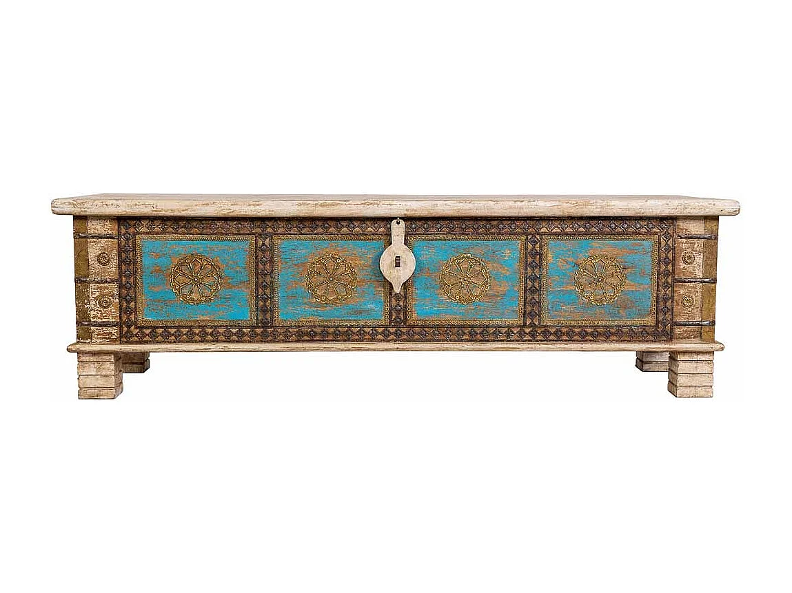 Coffre en bois fait main, blanc et bleu, 150x45x46 cm (hauteur)