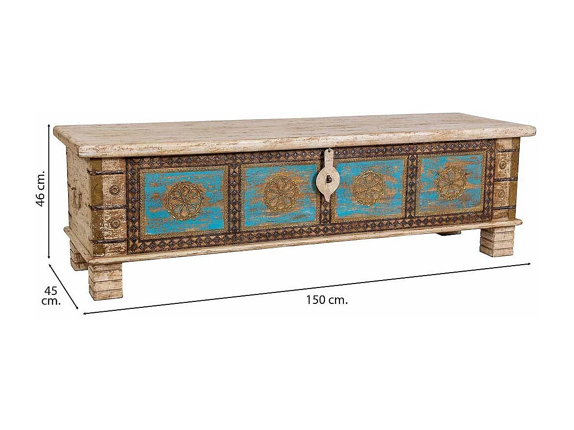 Coffre en bois fait main, blanc et bleu, 150x45x46 cm (hauteur)
