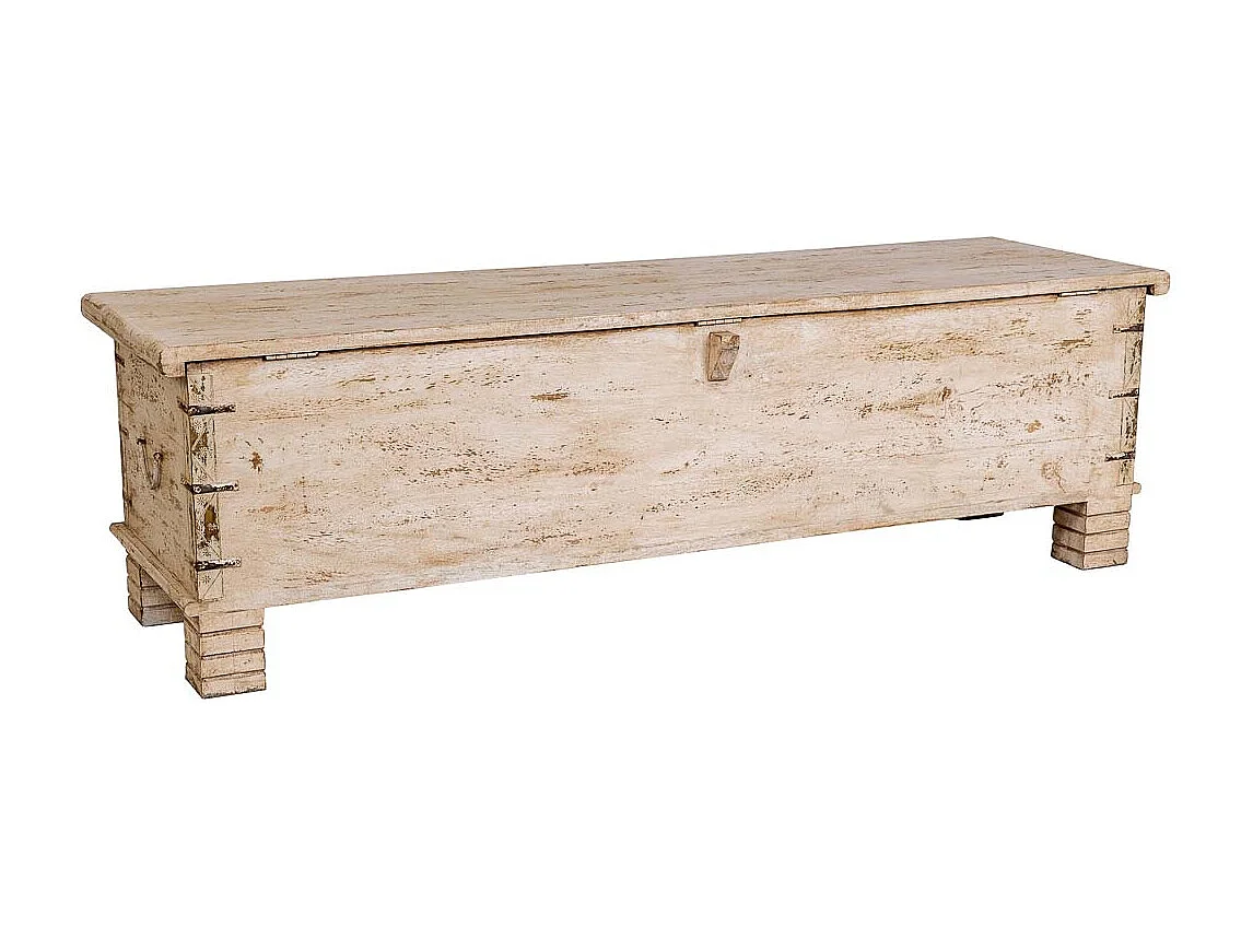Coffre en bois fait main, blanc et bleu, 150x45x46 cm (hauteur)