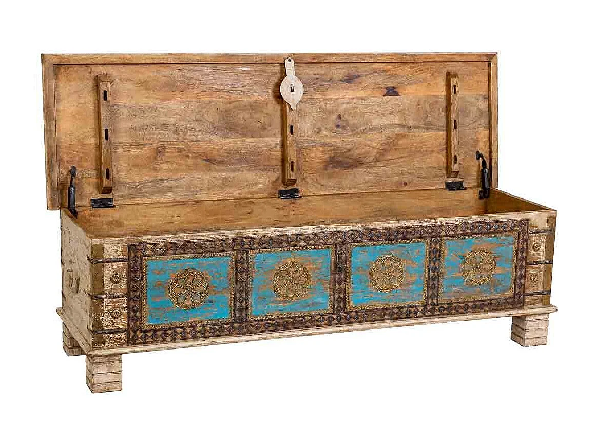 Coffre en bois fait main, blanc et bleu, 150x45x46 cm (hauteur)