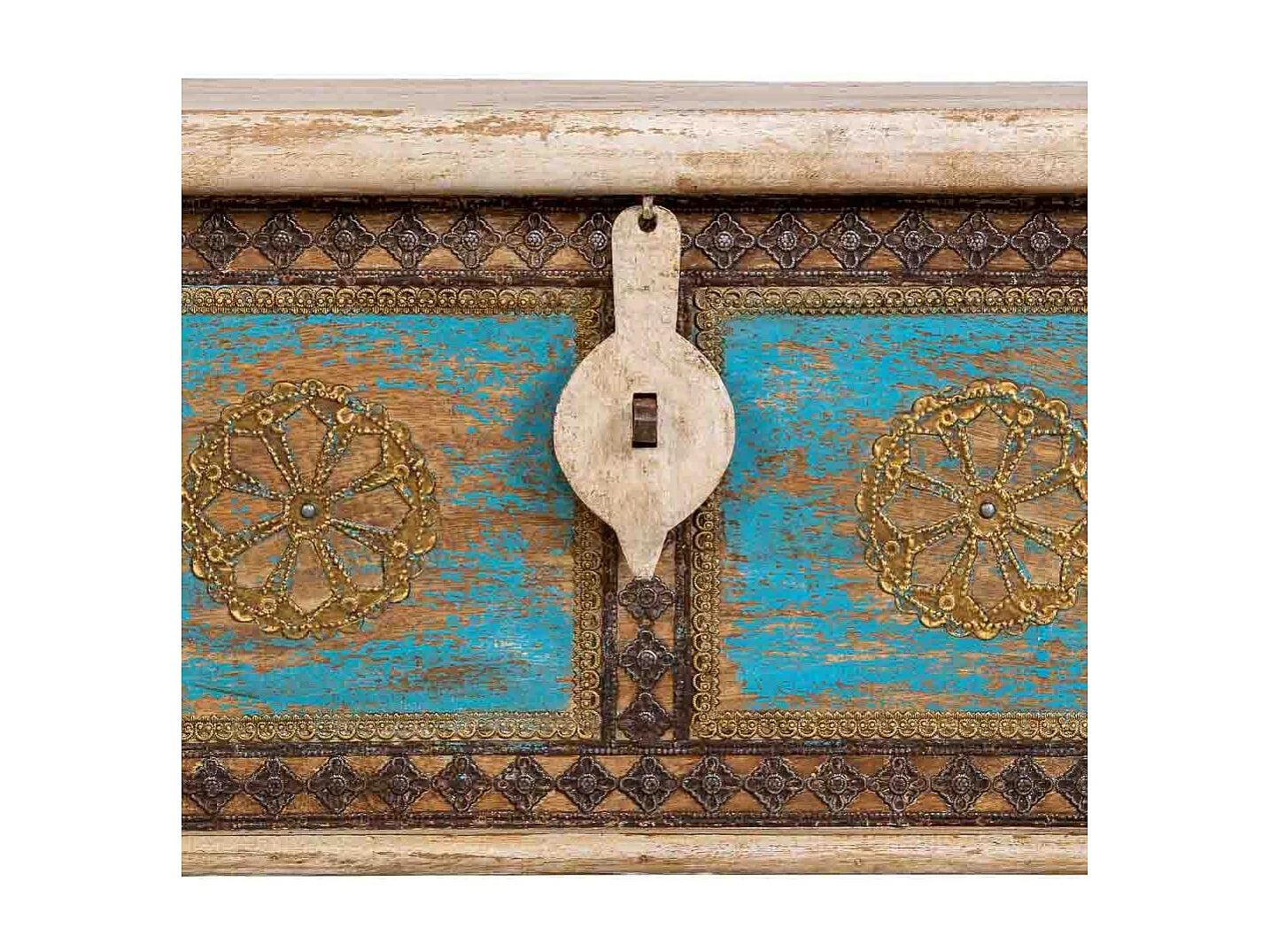 Coffre en bois fait main, blanc et bleu, 150x45x46 cm (hauteur)