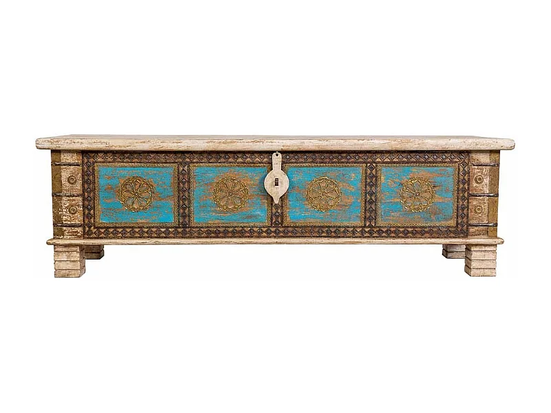 Coffre en bois fait main, blanc et bleu, 150 x 45 x 46 cm (hauteur)