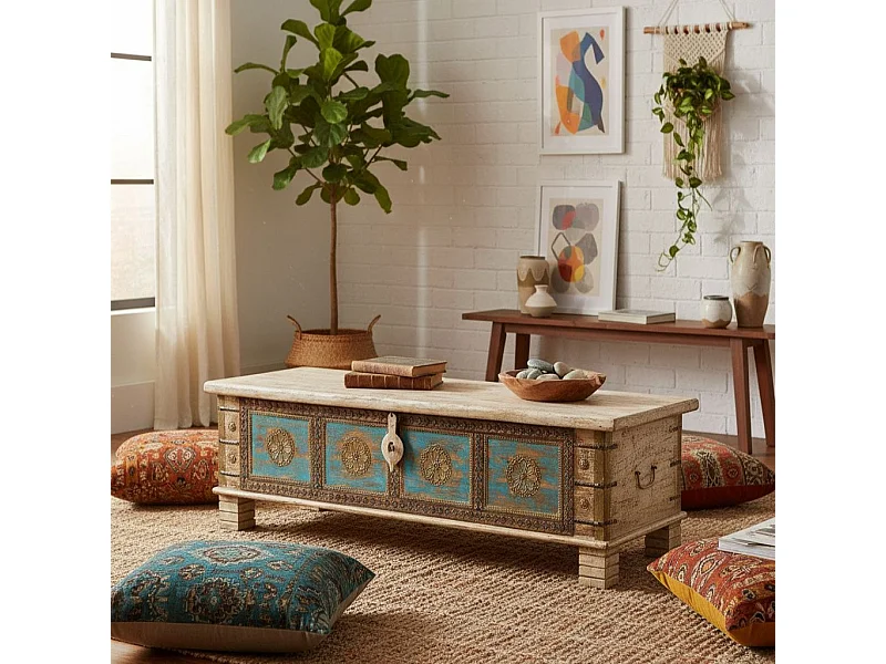 Coffre en bois fait main, blanc et bleu, 150 x 45 x 46 cm (hauteur)