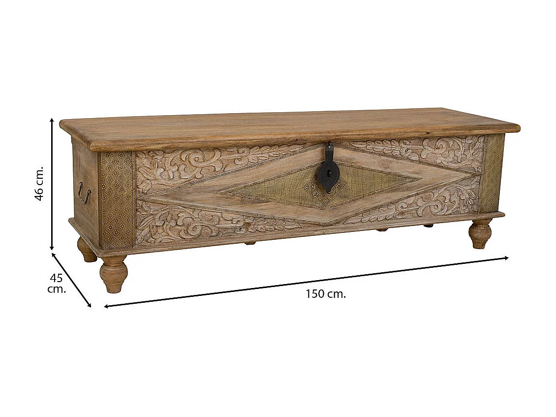 Bois sculpté artisanal Coffre, 150 x 45 x 46 cm hauteur