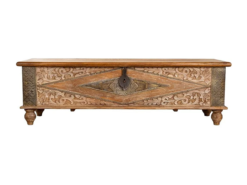 Bois sculpté artisanal Coffre, 150 x 45 x 46 cm hauteur
