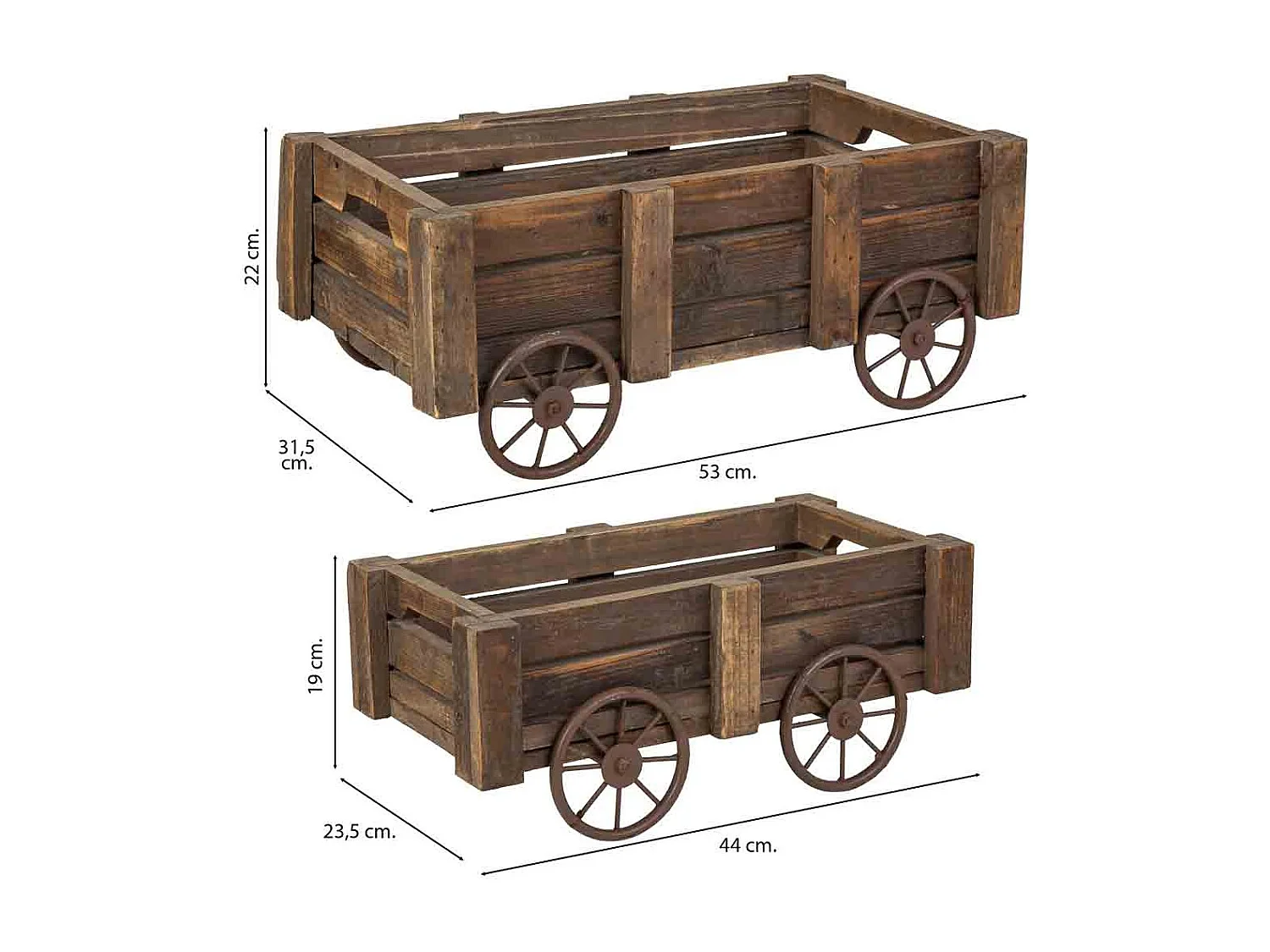 Lot 2 caisses bois marron 53x31,5x22-44x23,5x19h cm