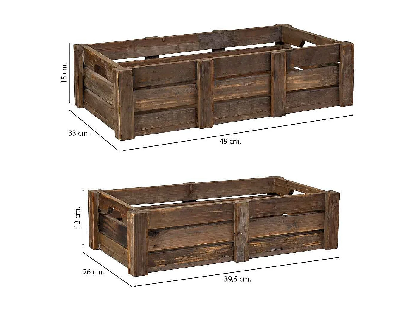 Lot 2 caisses bois marron 74x41x19-65x33,5x17h cm