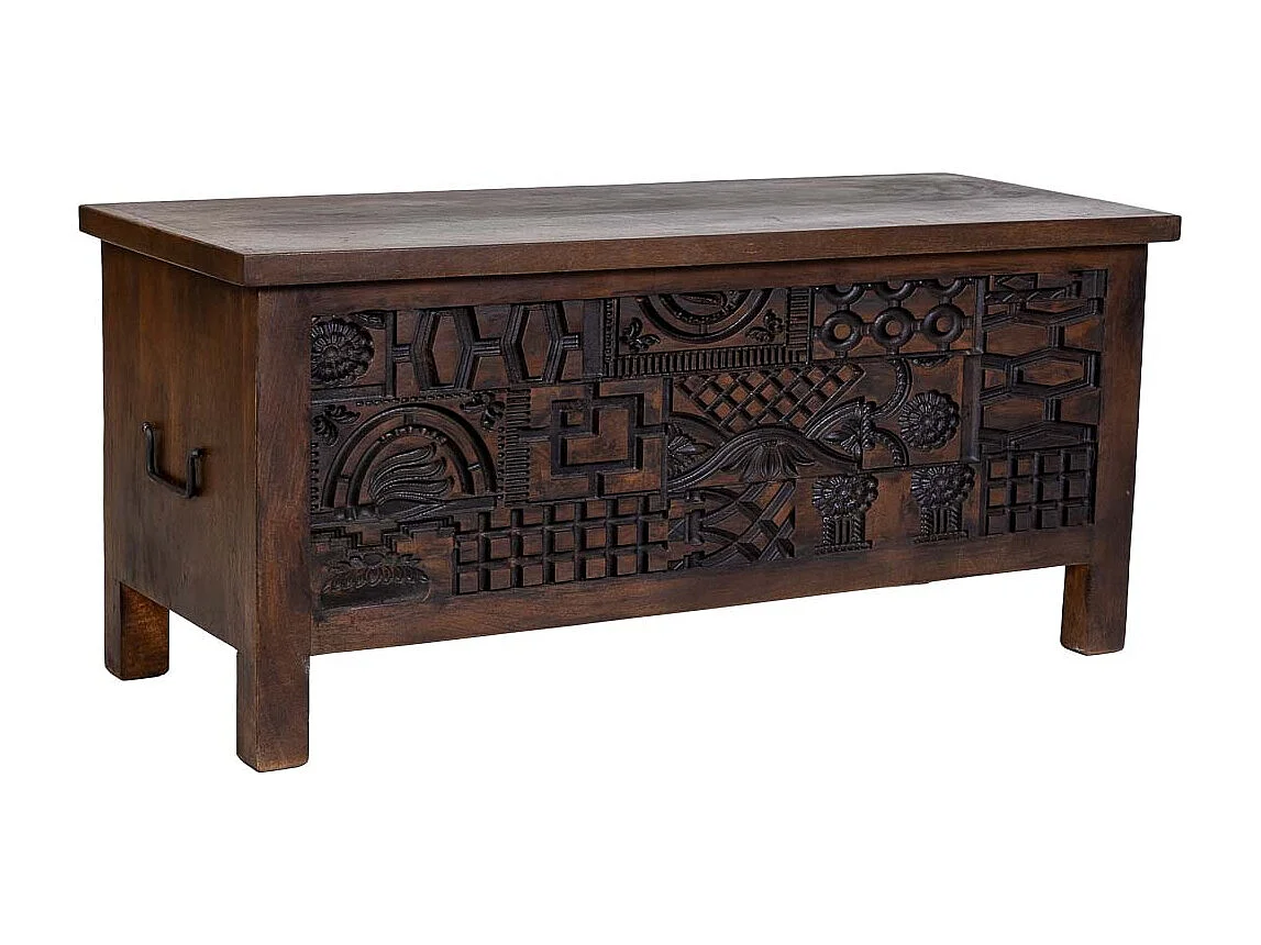 Coffre en bois brun sculpté à la main 100 x 40 x 46 cm (hauteur)