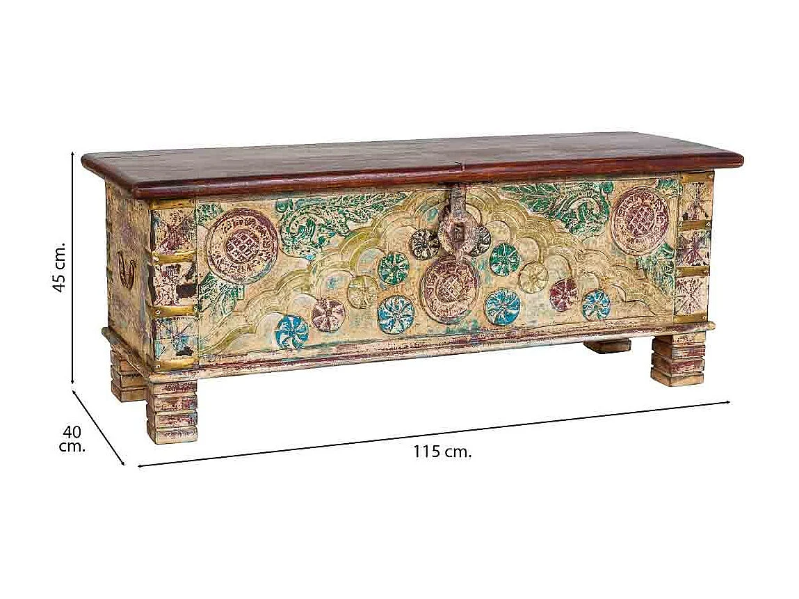 Coffre en bois beige vieilli, fabriqué artisanalement, 115x40x45 cm