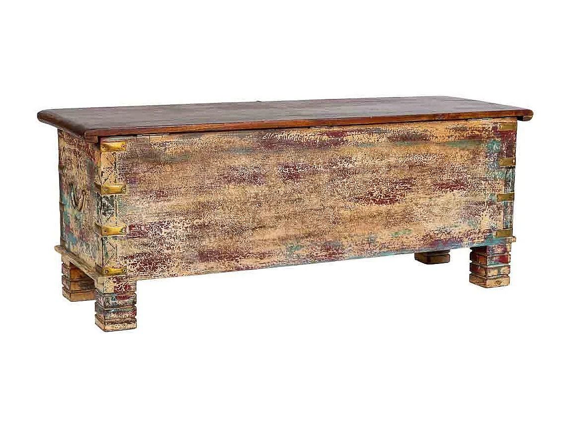 Coffre en bois beige vieilli, fabriqué artisanalement, 115x40x45 cm
