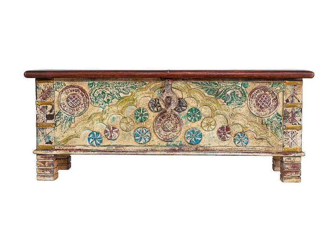 Baú de madeira artesanal bege envelhecido 115x40x45h cm