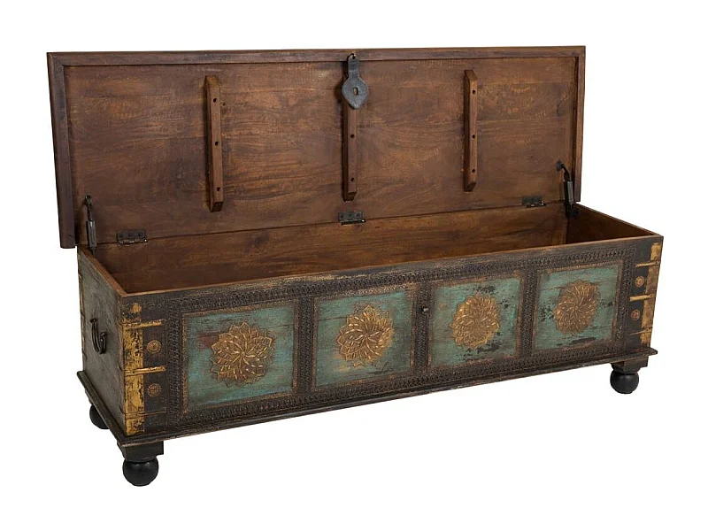 Coffre en bois sculpté artisanal, 150 x 45 x 46 cm hauteur