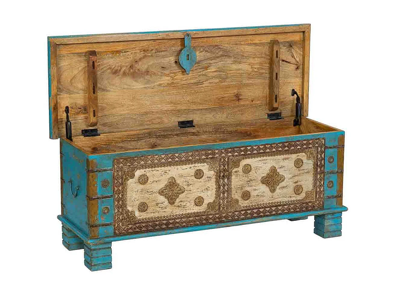 Coffre en bois bleu fait main 115 x 40 x 45 cm (hauteur)