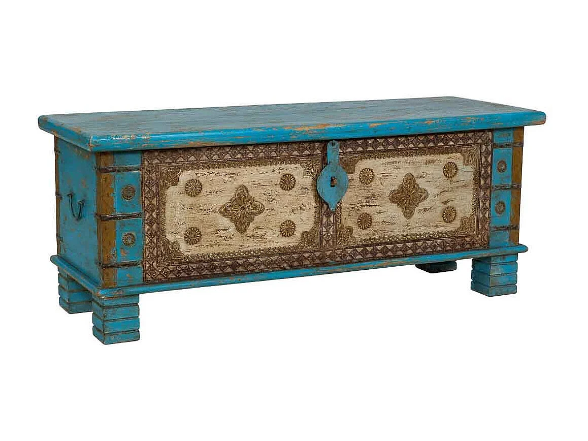 Coffre en bois bleu fait main 115x40x45 cm (hauteur)