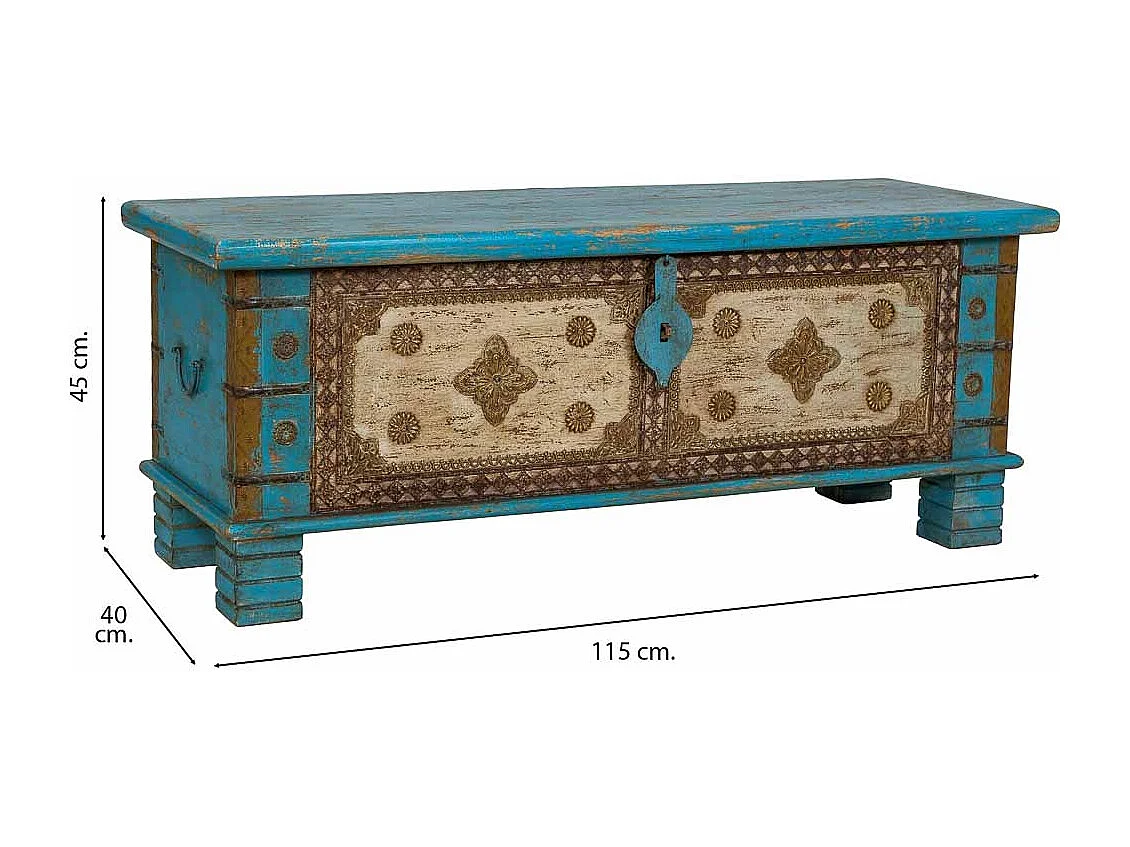 Coffre en bois bleu fait main 115x40x45 cm (hauteur)