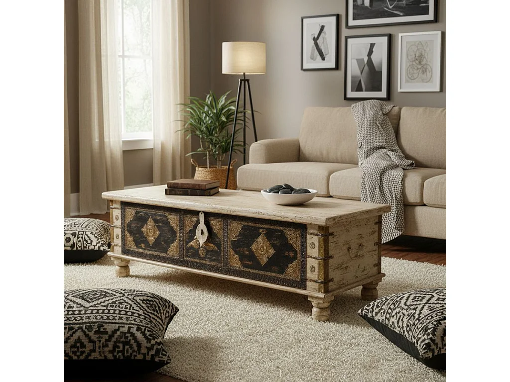 Coffre en bois beige fait main, 150x45x45 cm (hauteur)