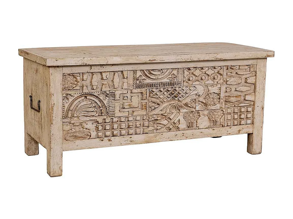 Coffre en bois beige sculpté à la main 100 x 40 x 46 cm (hauteur)