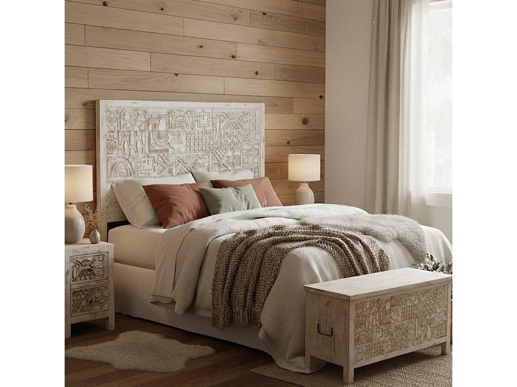 Coffre en bois beige sculpté à la main 100 x 40 x 46 cm (hauteur)