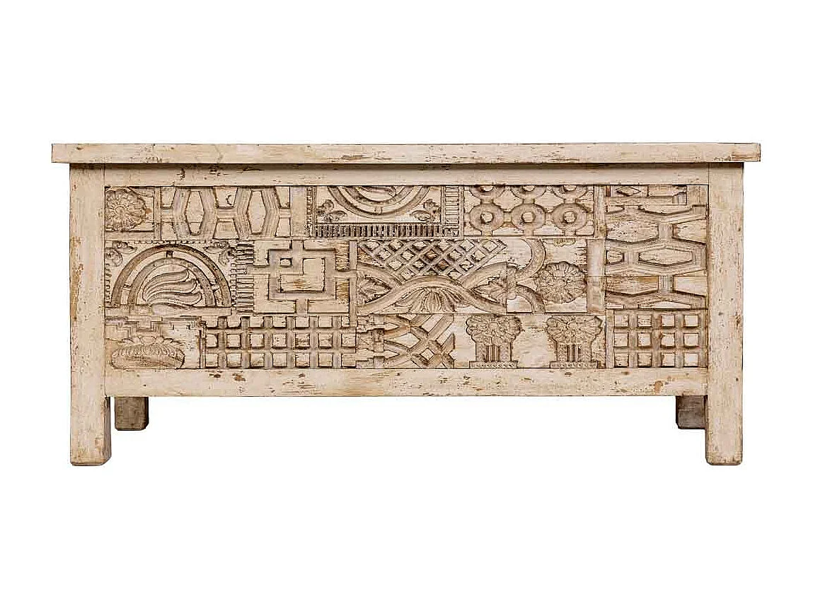 Coffre en bois beige sculpté à la main 100 x 40 x 46 cm (hauteur)