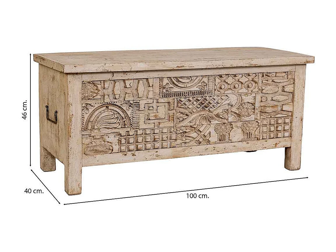 Coffre en bois beige sculpté à la main 100 x 40 x 46 cm (hauteur)
