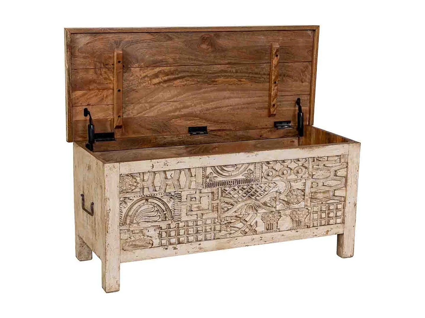 Coffre en bois beige sculpté à la main 100 x 40 x 46 cm (hauteur)