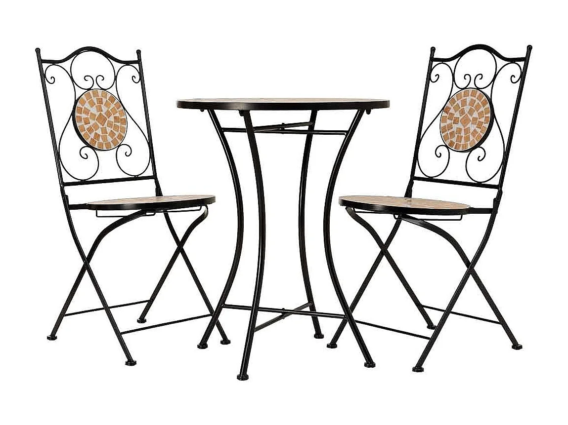 Ensemble table et 2 chaises en mosaïque et fer forgé noir, table : D60 x H75 cm - chaise(s) : D38 x H46-90 cm