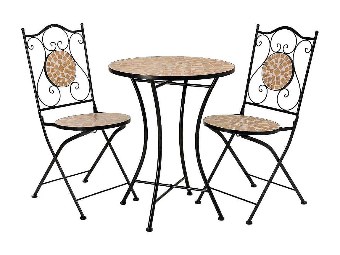 Ensemble table et 2 chaises en mosaïque et fer forgé noir, table : D60 x H75 cm - chaise(s) : D38 x H46-90 cm