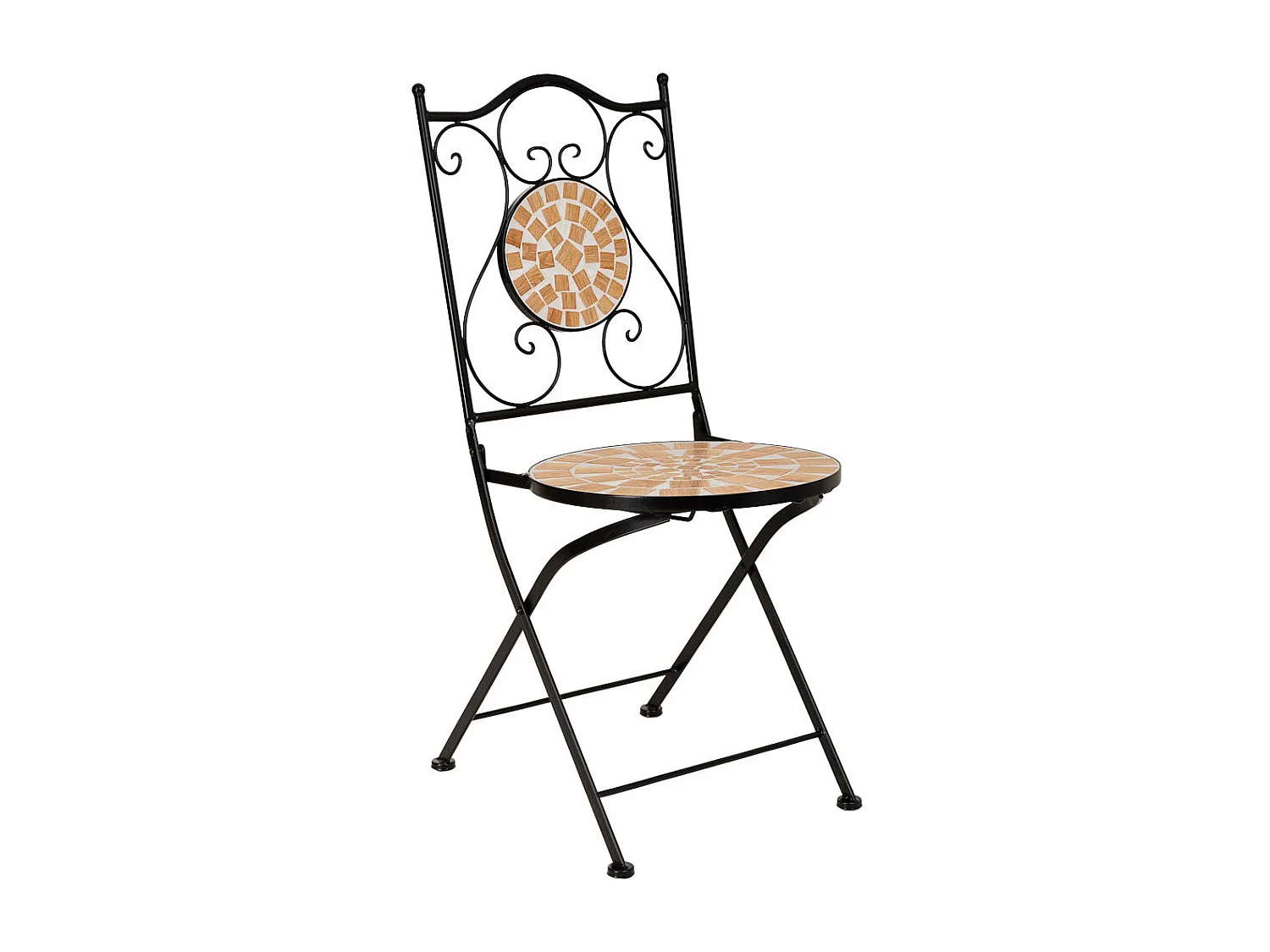 Ensemble table et 2 chaises en mosaïque et fer forgé noir, table : D60 x H75 cm - chaise(s) : D38 x H46-90 cm