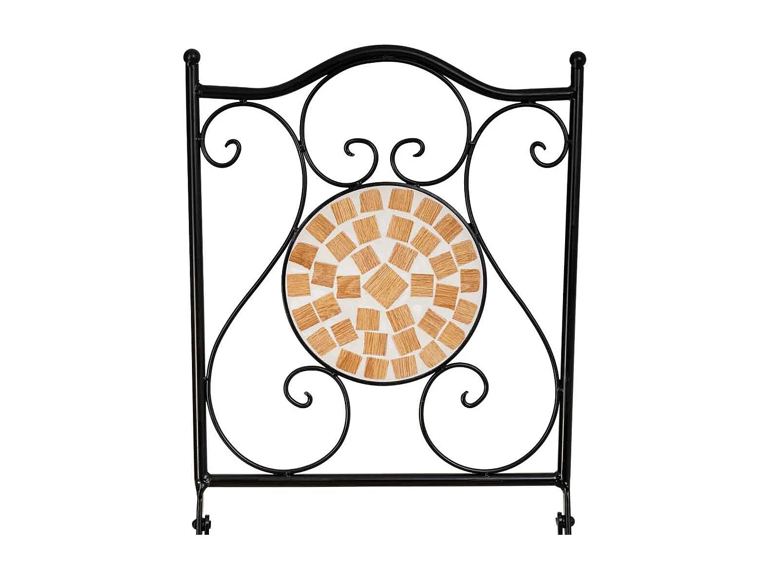 Mosaik- und Schmiedeeisentisch mit zwei Stühlen, Tisch: Ø 60 x 75 cm (Höhe), Stühle (2): Ø 38 x 46–90 cm (Höhe), schwarz