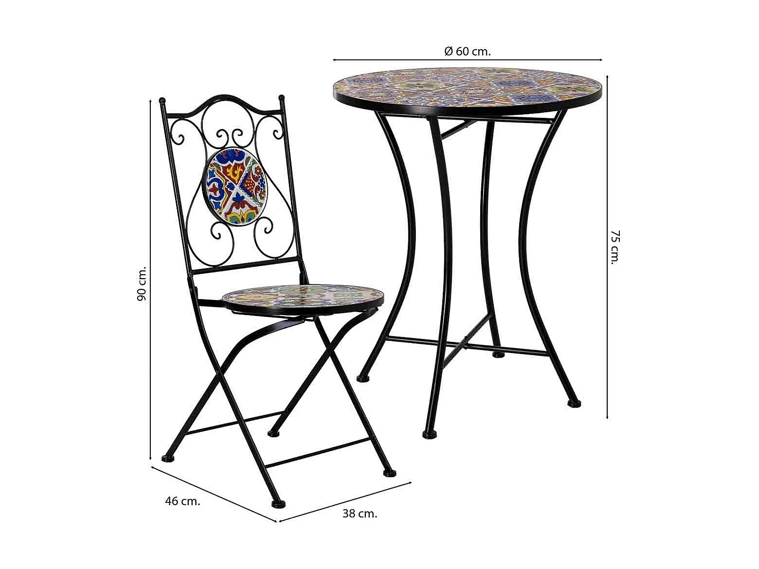 Table et 2 chaises, métal multicolore, 60 x 60 x 75 cm, 38 x 46 x 90 cm