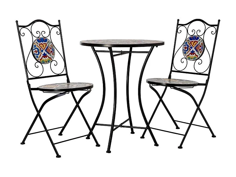 Table et 2 chaises, métal multicolore, 60 x 60 x 75 cm, 38 x 46 x 90 cm