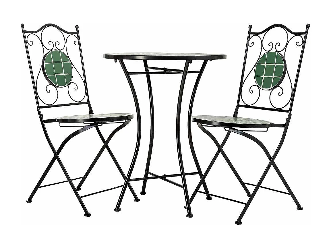 Ensemble table et 2 chaises en mosaïque et fer forgé noir, table : D60 x H75 cm - chaise(s) : D38 x H46-90 cm
