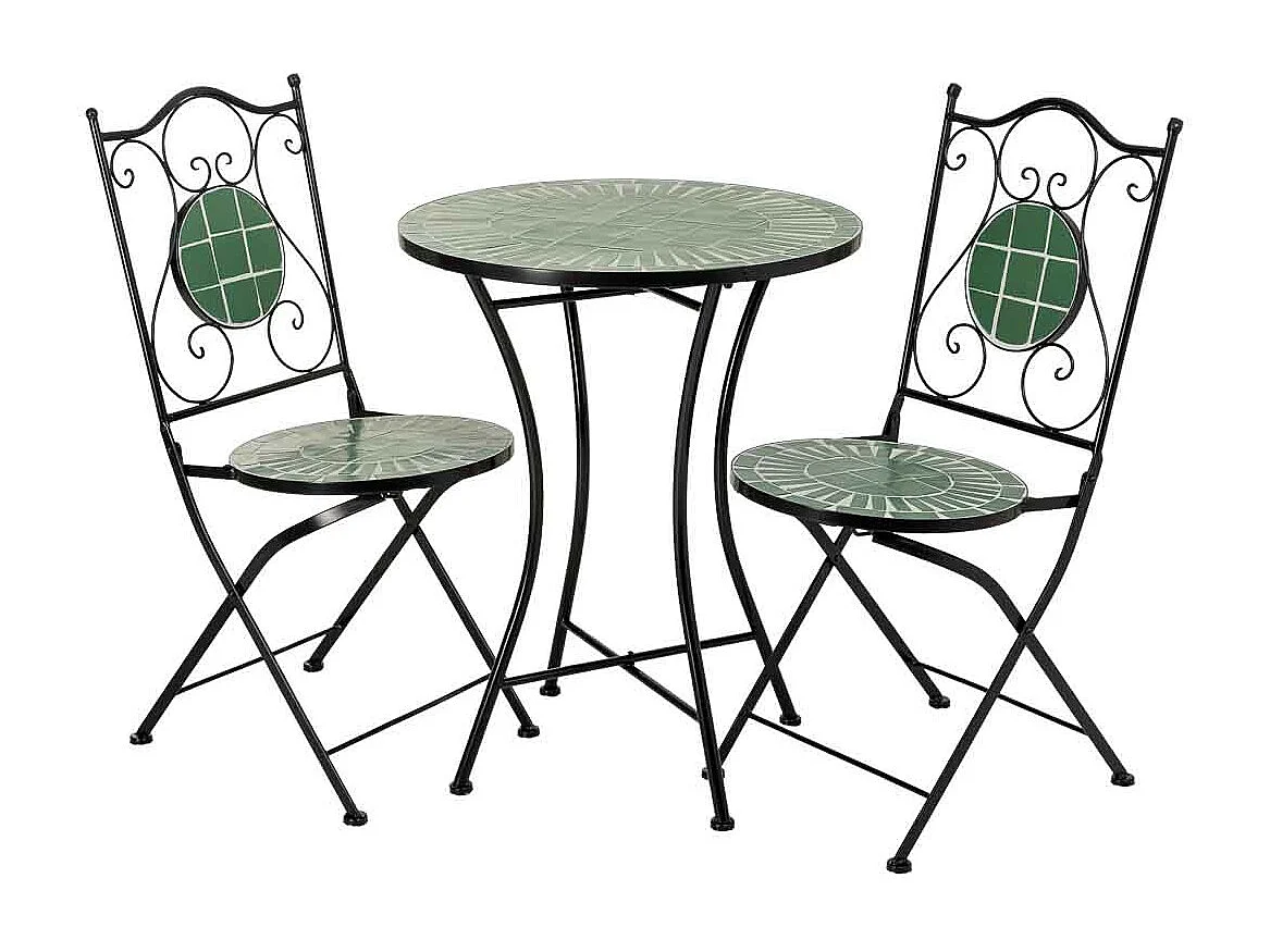 Ensemble table et 2 chaises en mosaïque et fer forgé noir, table : D60 x H75 cm - chaise(s) : D38 x H46-90 cm