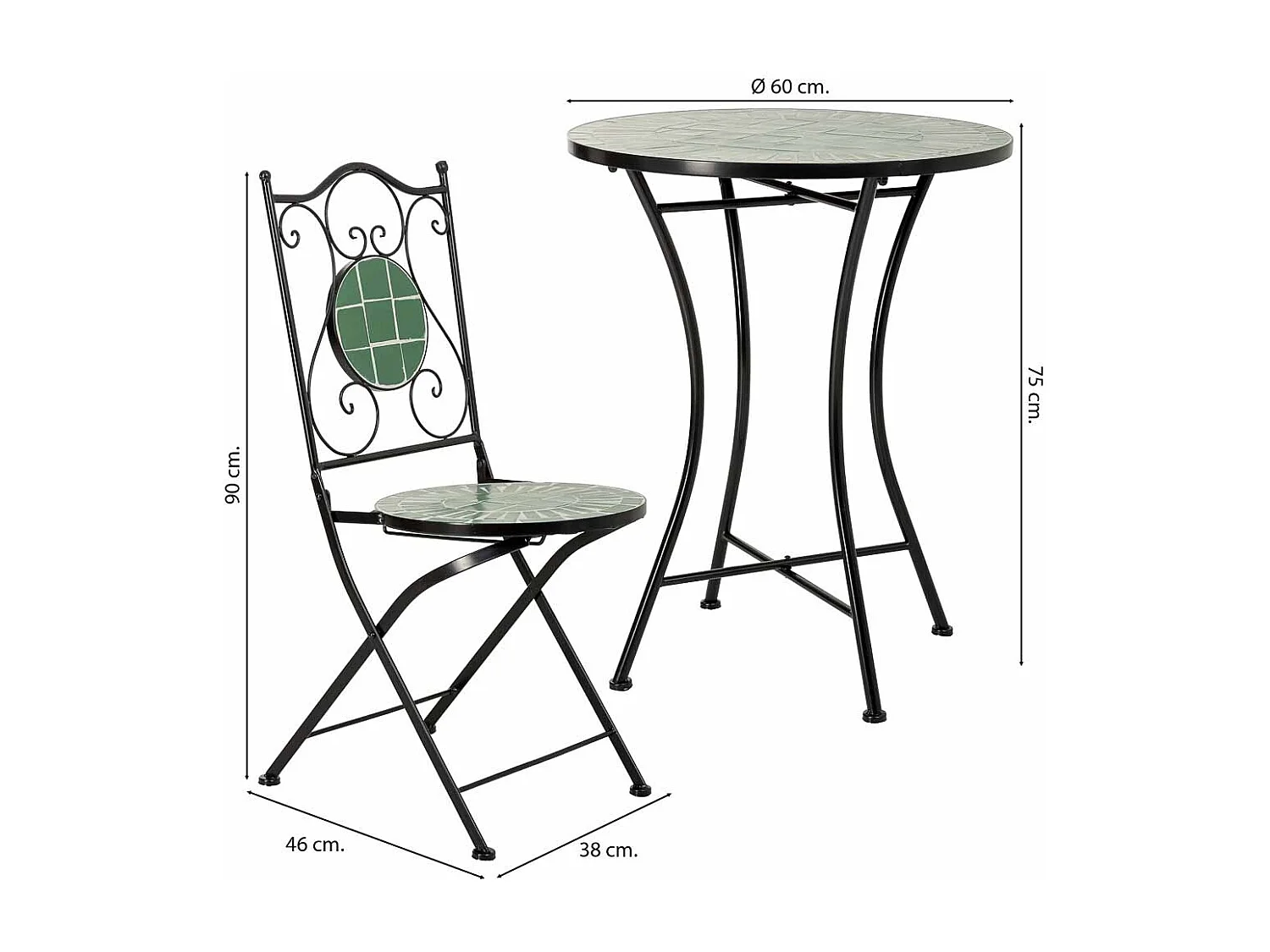 Ensemble table et 2 chaises en mosaïque et fer forgé noir, table : D60 x H75 cm - chaise(s) : D38 x H46-90 cm