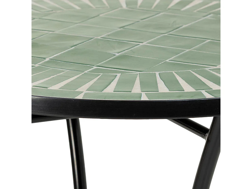 Ensemble table et 2 chaises en mosaïque et fer forgé noir, table : D60 x H75 cm - chaise(s) : D38 x H46-90 cm