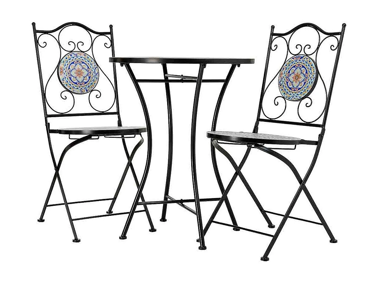 Ensemble table et 2 chaises en mosaïque et fer forgé noir, table : D60 x H75 cm - chaise(s) : D38 x H46-90 cm